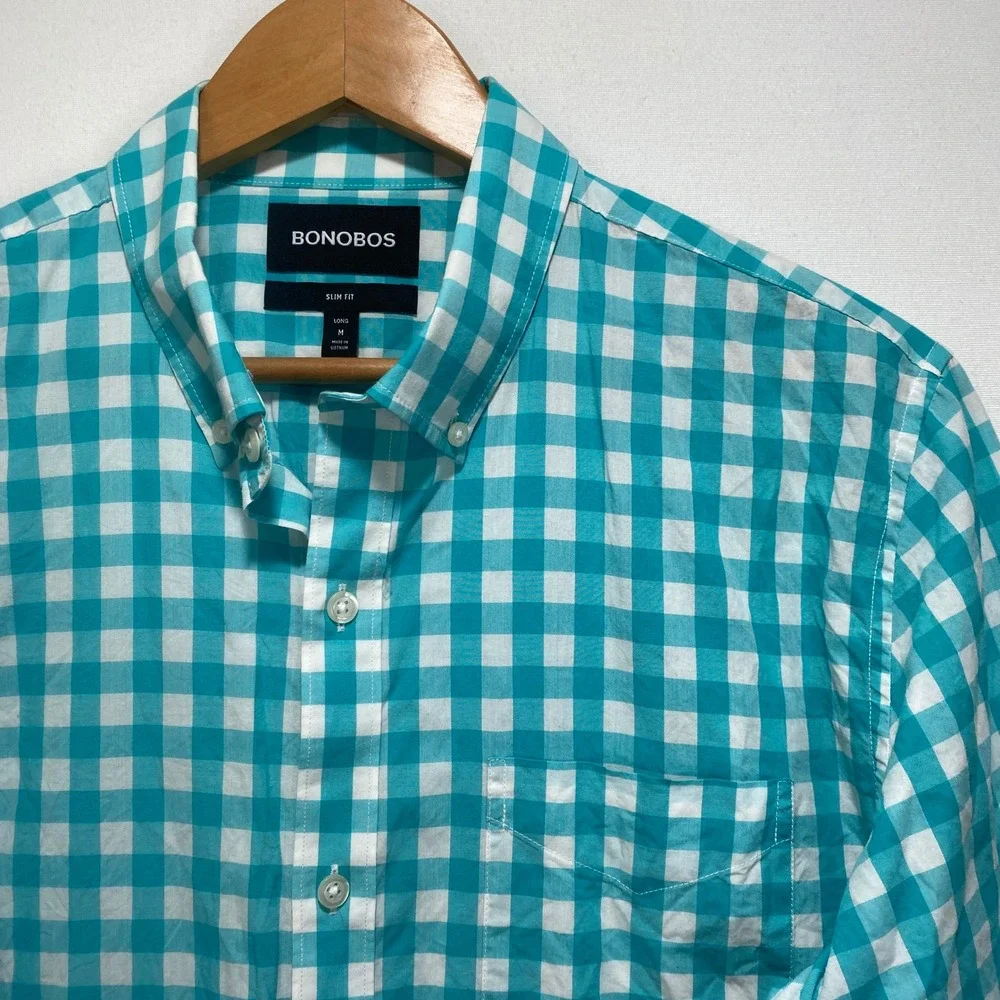 BONOBOS Slim Fit Long Sleeve Men M Long Turquoise Gingham Button Down Shirt - Picture 1 of 9